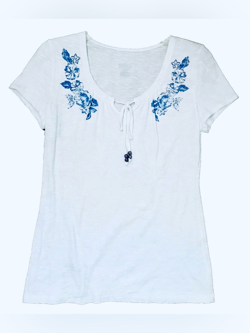 Merona Womens M White Tropical Floral Beachy Peasant Short Sleeve Cotton Blouse